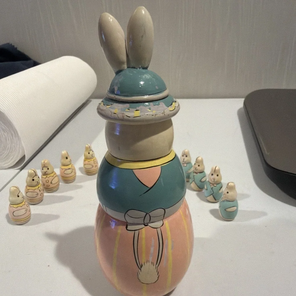 Midwest Of Cannon Falls 11 Pieces‎ Wooden Nesting Easter Bunny Rabbits READ